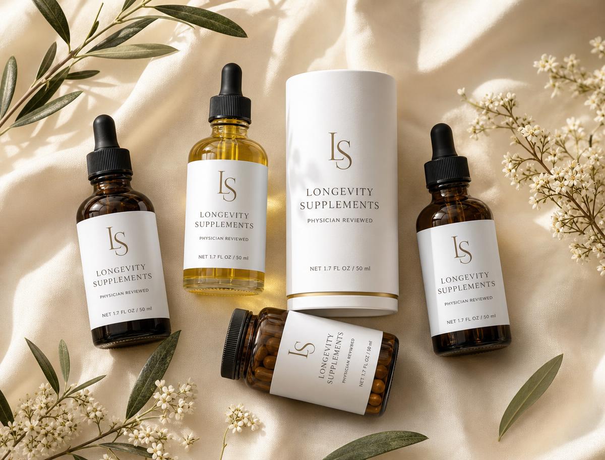 Physician-reviewed Lionheart longevity supplements in amber bottles on warm cream linen