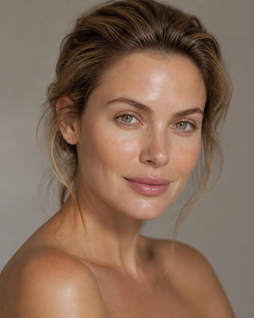 Woman with radiant, youthful glass skin in soft natural light